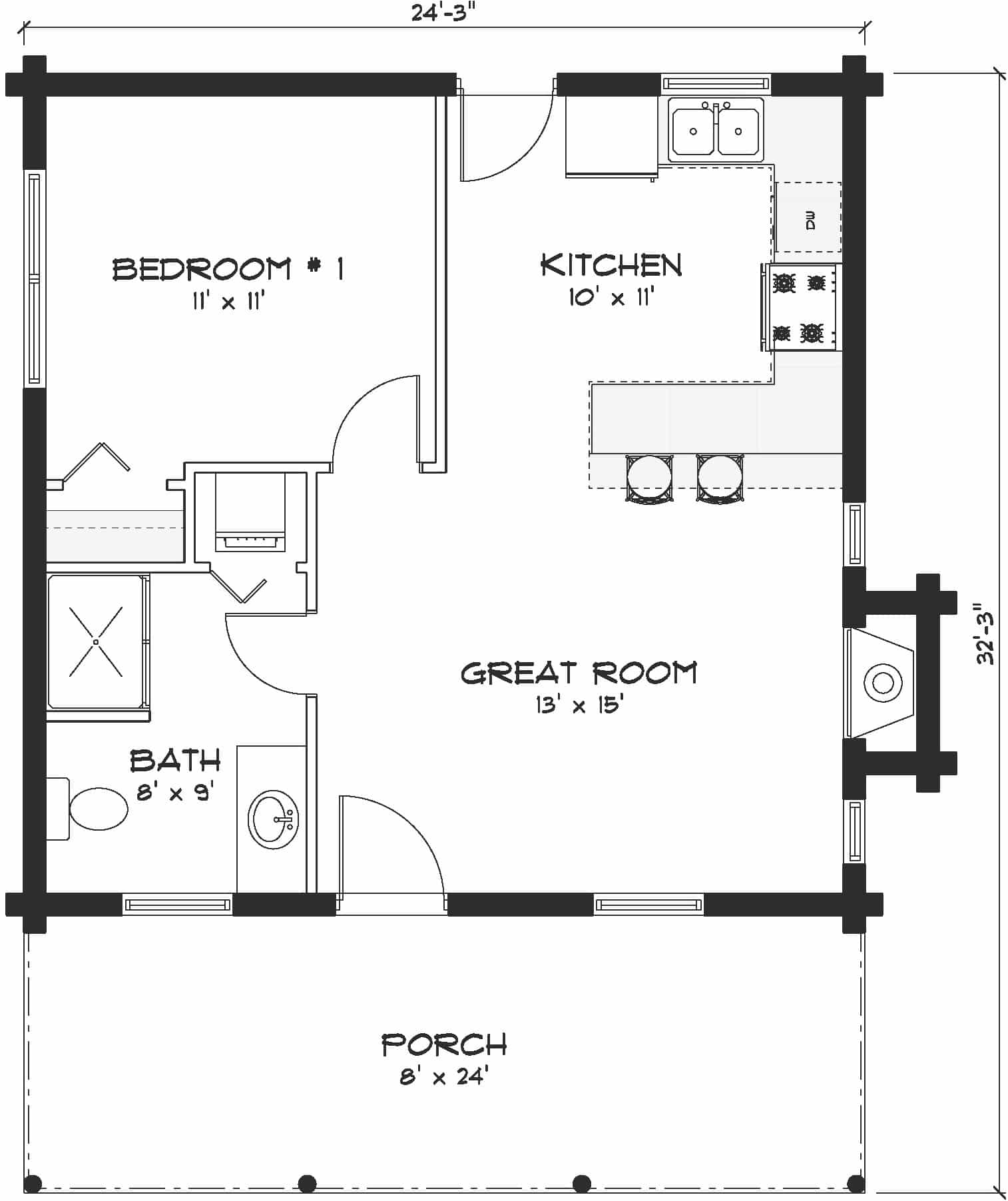 Beautiful Newly Designed 599 Sq Ft - 1 Level - Log Cabin Home Plan 1