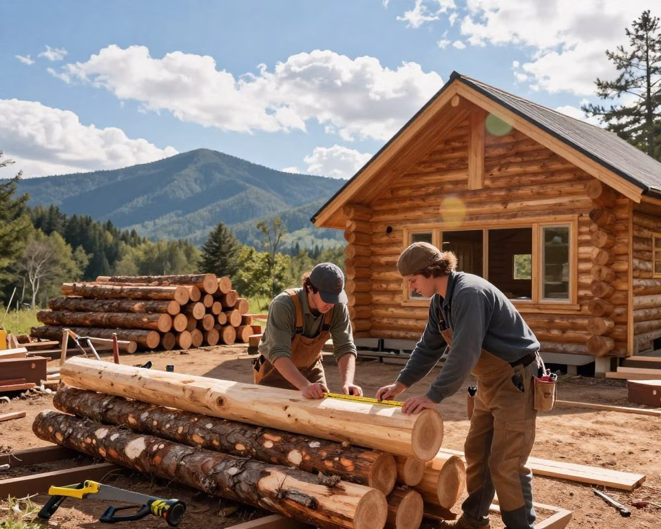 A scenic log home construction site in the North Carolina mountains, showcasing skilled builders working on a custom log cabin. In the foreground, two builders in professional work attire, one measuring logs and the other assembling them, display teamwork and craftsmanship. The middle ground features freshly cut logs stacked neatly, with tools like saws and drills visible. In the background, majestic mountain peaks soar under a bright blue sky, with fluffy white clouds creating a picturesque atmosphere. Soft, natural lighting highlights the textures of the wood and the builders' focused expressions, while a slight lens flare adds warmth to the scene, conveying a sense of collaboration and creativity in the building process. A scenic log home construction site in the North Carolina mountains, showcasing skilled builders working on a custom log cabin. In the foreground, two builders in professional work attire, one measuring logs and the other assembling them, display teamwork and craftsmanship. The middle ground features freshly cut logs stacked neatly, with tools like saws and drills visible. In the background, majestic mountain peaks soar under a bright blue sky, with fluffy white clouds creating a picturesque atmosphere. Soft, natural lighting highlights the textures of the wood and the builders' focused expressions, while a slight lens flare adds warmth to the scene, conveying a sense of collaboration and creativity in the building process.