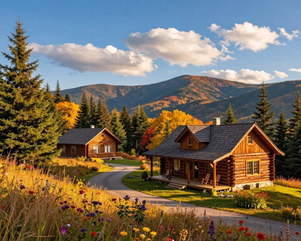 A serene scene of rustic log cabins nestled in the Blue Ridge Mountains, surrounded by lush evergreen trees and vibrant fall foliage. In the foreground, a well-crafted log cabin with a charred wooden exterior and a welcoming front porch adorned with rocking chairs. The midground features a gently winding path leading to the cabins, lined with colorful wildflowers. In the background, majestic mountains rise under a brilliant blue sky, with soft wisps of clouds drifting lazily. Golden sunlight bathes the scene, casting warm shadows and enhancing the natural beauty. Emphasize a peaceful, inviting atmosphere, reflecting the charm of mountain living. Use a wide-angle view to capture the expansive landscape, ensuring the cabins harmoniously blend with their surroundings. A serene scene of rustic log cabins nestled in the Blue Ridge Mountains, surrounded by lush evergreen trees and vibrant fall foliage. In the foreground, a well-crafted log cabin with a charred wooden exterior and a welcoming front porch adorned with rocking chairs. The midground features a gently winding path leading to the cabins, lined with colorful wildflowers. In the background, majestic mountains rise under a brilliant blue sky, with soft wisps of clouds drifting lazily. Golden sunlight bathes the scene, casting warm shadows and enhancing the natural beauty. Emphasize a peaceful, inviting atmosphere, reflecting the charm of mountain living. Use a wide-angle view to capture the expansive landscape, ensuring the cabins harmoniously blend with their surroundings.
