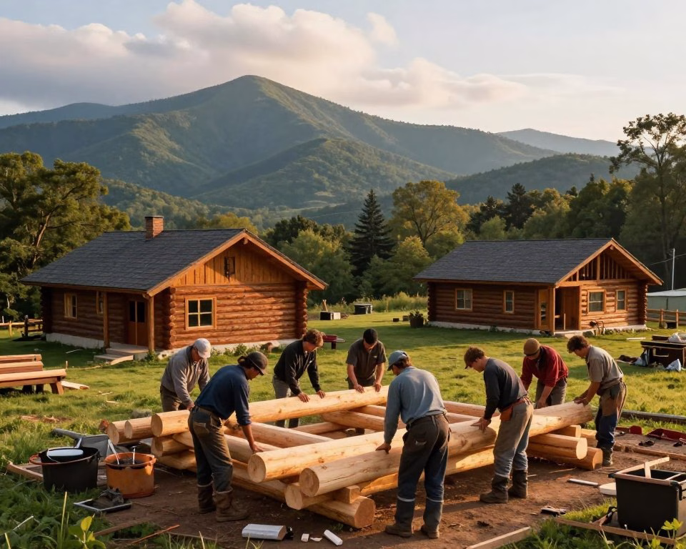 Log cabin builders working diligently in the picturesque North Carolina mountains. In the foreground, a diverse group of professionals, dressed in durable work clothes, is skillfully assembling logs to construct a cabin. In the middle ground, partially completed cabins showcase traditional rustic architecture, with rich wooden textures contrasting against lush greenery. In the background, the majestic Appalachian mountains rise, their peaks dusted with soft clouds, creating a serene and inviting atmosphere. The scene is bathed in golden hour sunlight, casting warm, gentle rays that enhance the natural beauty of the landscape. The lens perspective is slightly elevated, allowing for an expansive view of the cabin site and surrounding nature, evoking a sense of peace and craftsmanship. Log cabin builders working diligently in the picturesque North Carolina mountains. In the foreground, a diverse group of professionals, dressed in durable work clothes, is skillfully assembling logs to construct a cabin. In the middle ground, partially completed cabins showcase traditional rustic architecture, with rich wooden textures contrasting against lush greenery. In the background, the majestic Appalachian mountains rise, their peaks dusted with soft clouds, creating a serene and inviting atmosphere. The scene is bathed in golden hour sunlight, casting warm, gentle rays that enhance the natural beauty of the landscape. The lens perspective is slightly elevated, allowing for an expansive view of the cabin site and surrounding nature, evoking a sense of peace and craftsmanship.
