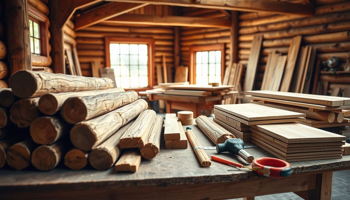 A detailed view of log cabin kit components arranged neatly on a wooden workbench. In the foreground, various logs, structural beams, and panels are showcased, displaying their natural texture and grain. In the middle ground, tools such as a saw, hammer, and measuring tape are positioned, indicating preparation for construction. In the background, a softly lit workshop setting gives an inviting atmosphere, with warm, rustic wood walls and large windows allowing gentle sunlight to filter in. The overall mood is one of craftsmanship and potential, evoking a sense of excitement for building a dream log home. Capture the scene with a slightly elevated angle, using soft lighting to enhance the wooden textures and create a cozy ambiance.