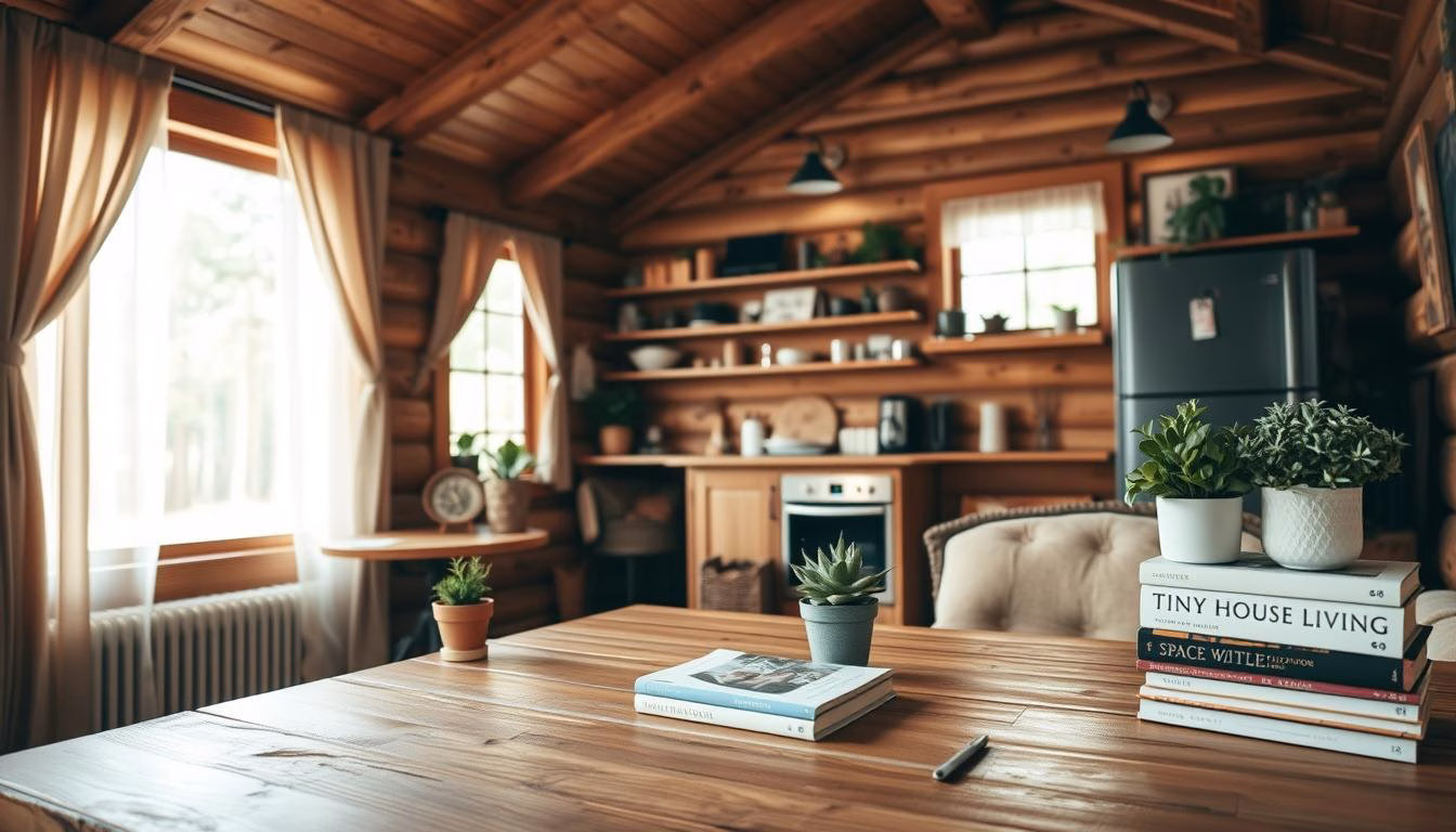 A cozy log cabin interior showcasing tips for small space living. The foreground features a rustic wooden table adorned with minimalist decor, potted plants, and a stack of books on tiny house living. In the middle, a well-organized open kitchen reveals space-saving appliances and wooden shelving, emphasizing the charm of a log cabin. The background displays the cabin's natural wood walls, a large window with sheer curtains that softly diffuse warm natural light, and a glimpse of a serene forest through the glass. The scene conveys a warm, inviting atmosphere, encouraging viewers to embrace the rustic charm of tiny house living. Use soft lighting to enhance the cozy feel, with a focus on a wide-angle perspective to capture the entire space.