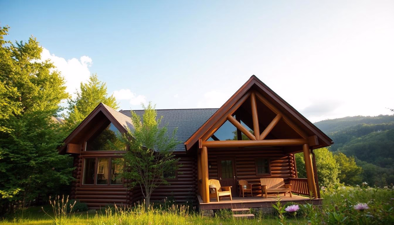 A cozy log cabin nestled in the serene woods of West Virginia, showcasing the craftsmanship of Tar River Log Homes. In the foreground, a beautifully constructed log home with large windows reflecting natural light, surrounded by lush green trees and wildflowers. The middle layer features a rustic porch with comfortable wooden seating, inviting for relaxation. In the background, gentle rolling hills and a clear blue sky with soft clouds enhance the peaceful atmosphere. The lighting highlights the textures of the logs and the natural surroundings, creating a warm, inviting mood. Capture this scene with a wide-angle lens to emphasize the harmony between the cabin and nature, evoking a sense of comfort and connection to the outdoors.