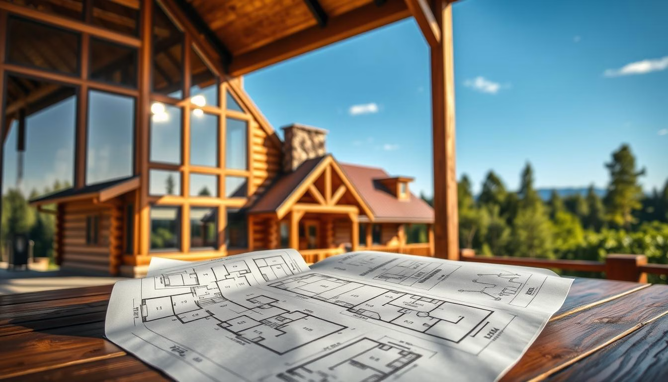 A detailed overview of log cabin floor plans, featuring a beautifully designed log cabin with large windows, wooden beams, and a welcoming front porch. In the foreground, a blueprint laying open on a rustic wooden table showcases various floor plans, including different layouts and measurements. In the middle, the log cabin's inviting facade with natural wood textures and a stone chimney draws attention. The background reveals a serene forested landscape under a bright blue sky, enhancing the rustic charm. Soft, natural lighting casts gentle shadows, creating a warm and inviting atmosphere. The image is captured from a slightly elevated angle to provide a comprehensive view, emphasizing both the cabin and the detailed plans without any text or overlays.