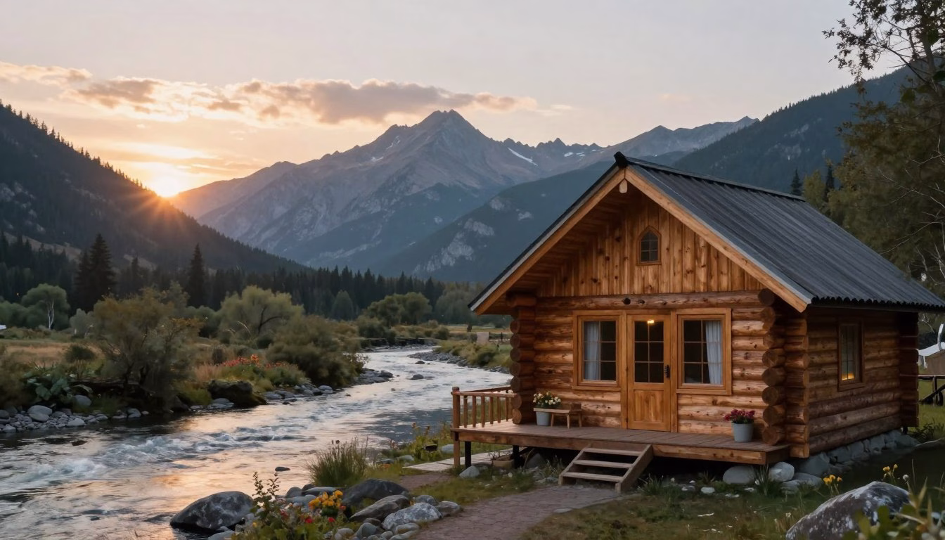 Small cabin by riverbank