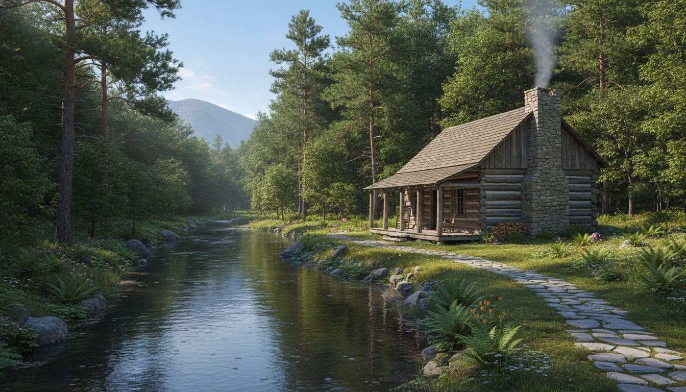 log cabin by a river